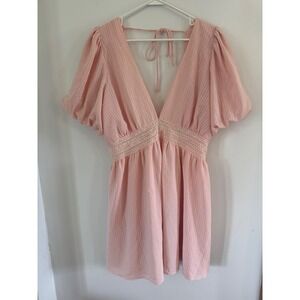 Showpo Pink Puff Sleeve Crochet Mini Dress Open Back 12 coquette romantic preppy